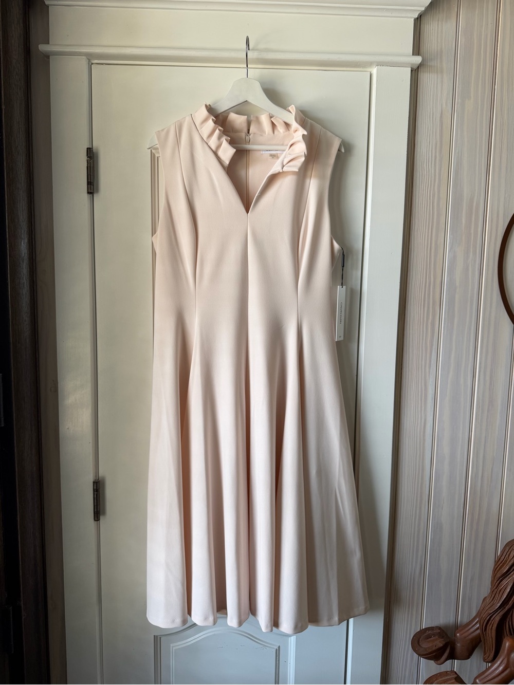 Calvin Klein Pale Blush Sleeveless Fit-and-Flare Dress with Ruffle Collar